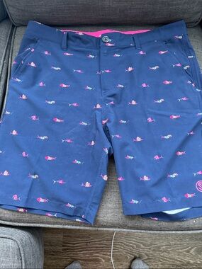 Men's SCALES  Navy Chino Shorts with Pink Fish Print